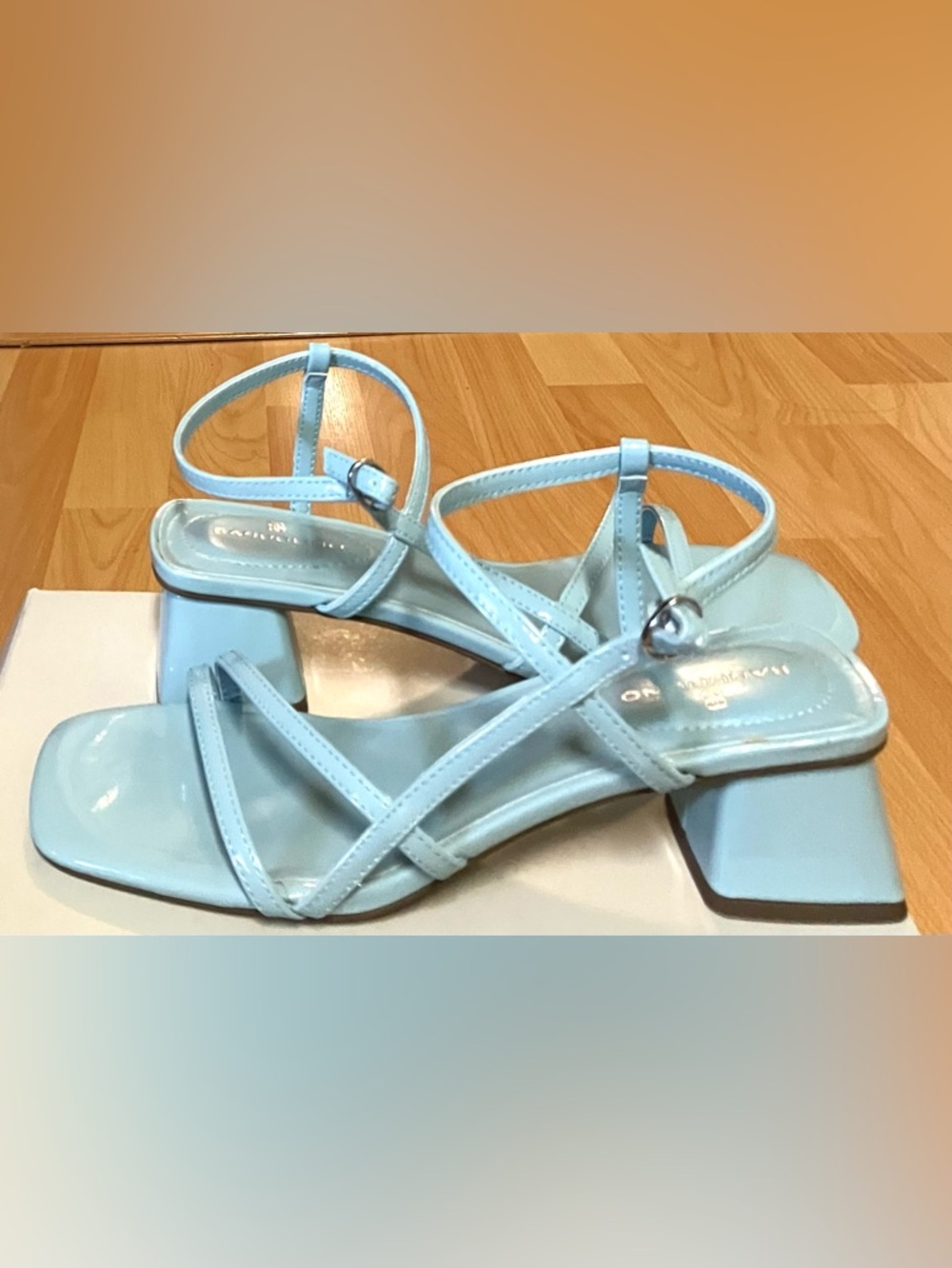 Bandolino Colby Pastel Blue Patent Leather/Strappy/Low Block Heel Sandals: 8 - Picture 3 of 6
